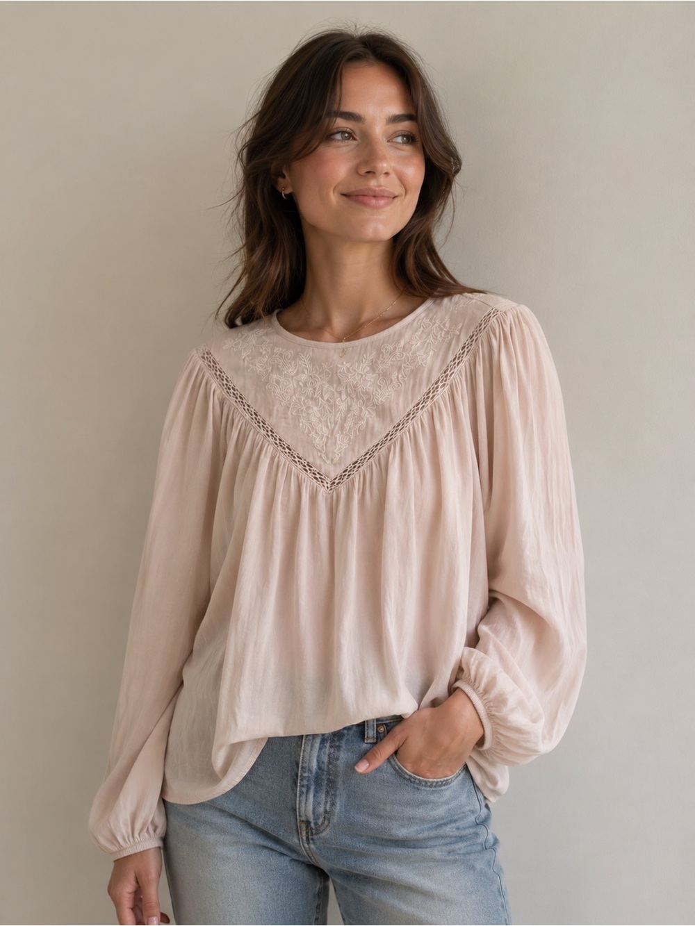Joie Soft Blush Embroidered Peasant Blouse